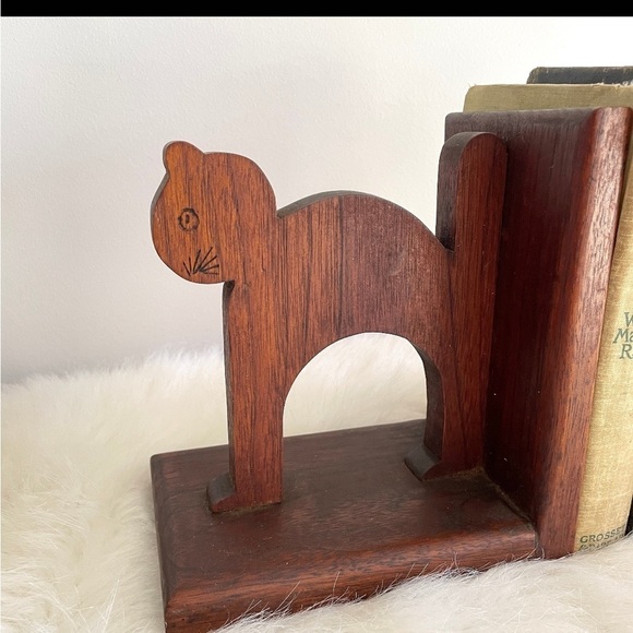 Vintage Wooden Handmade Teak Cat Bookends. Carved. Primitive. MCM - Picture 2 of 7